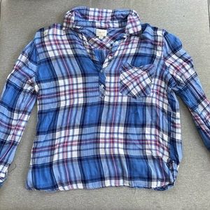 blue & white plaid shirt, size medium, red accents, flannel pattern